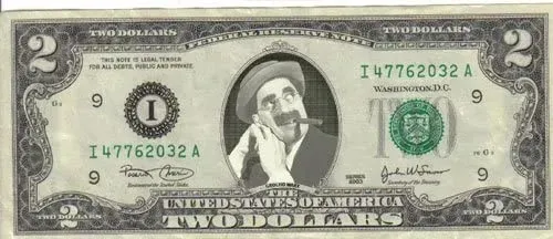 Groucho Marx superimposed in the portrait section of a 2 dollar bill.