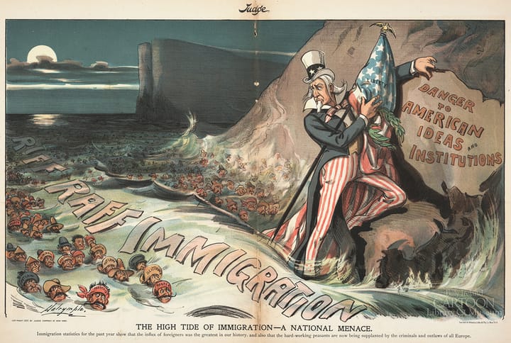 Historical anti-immigration political cartoon depicting dehumanizing ethic stereotypes.